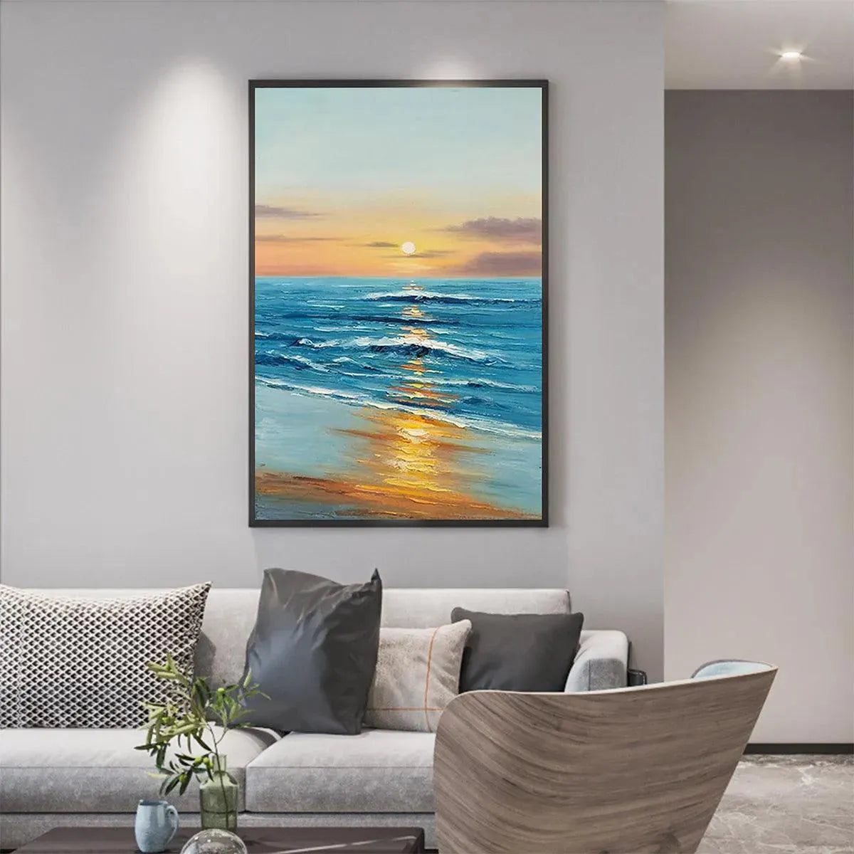 SUNKISSED SHORES: Vertical Ocean Sunset Painting, Beach Wall Art - Image 10
