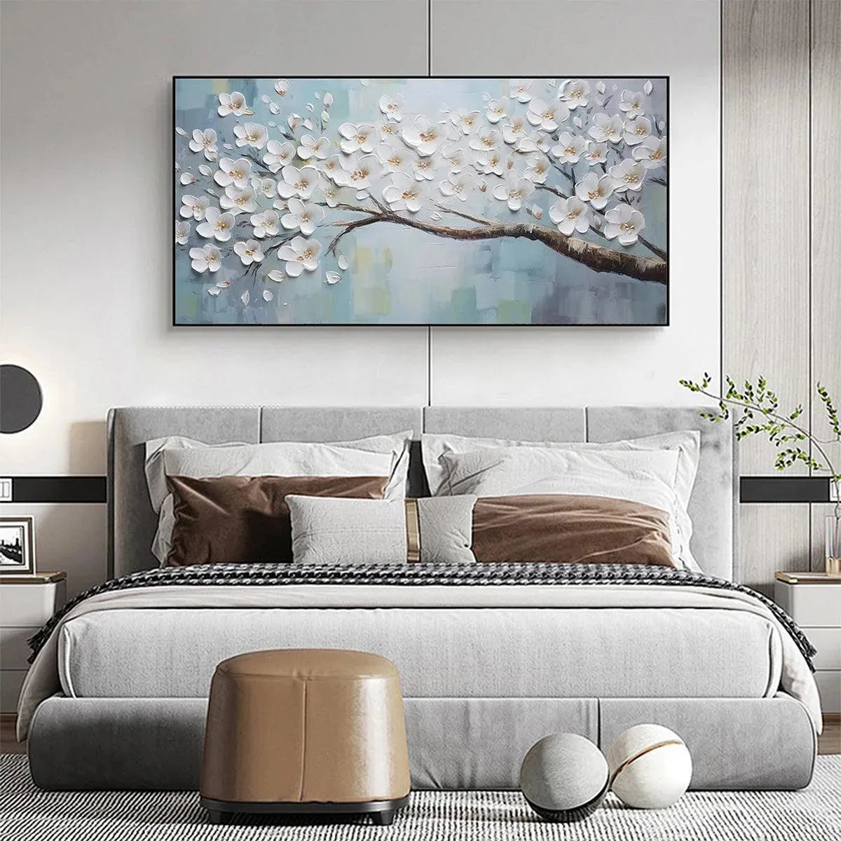 WHITE BLOSSOMS: Textured Floral Painting in White and Blue - Image 8
