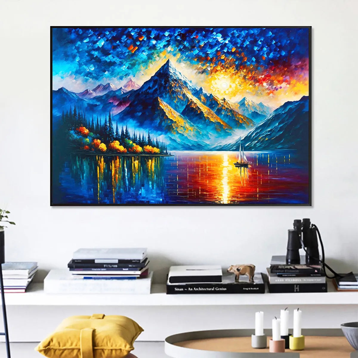 MAJESTIC SUNRISE: Mountain Landscape Oil Painting with Lake and Sailboat - Image 5