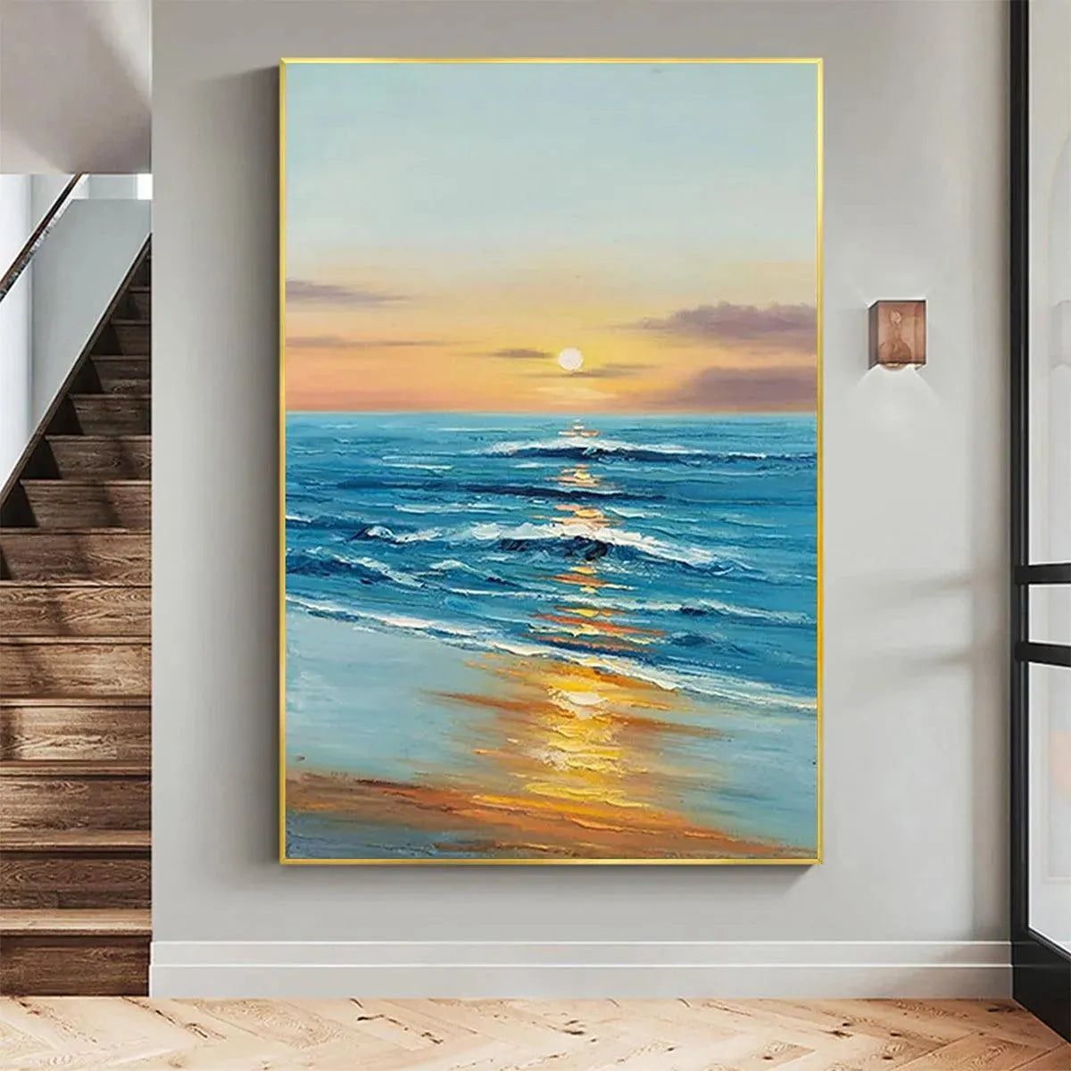 SUNKISSED SHORES: Vertical Ocean Sunset Painting, Beach Wall Art - Image 2