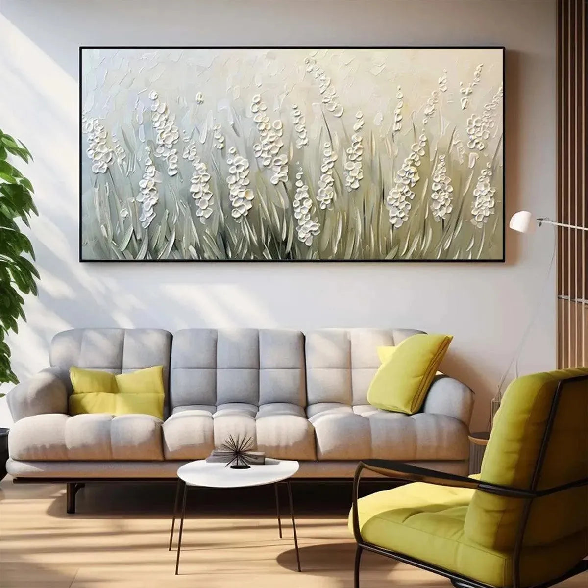 TEXTURED MEADOW: Textured Floral Landscape Painting in Green and White - Image 9