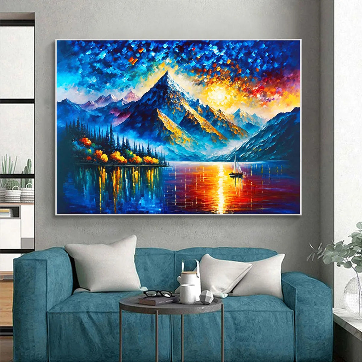 MAJESTIC SUNRISE: Mountain Landscape Oil Painting with Lake and Sailboat - Image 6