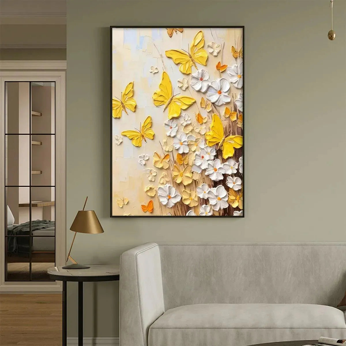 GOLDEN BUTTERFLIES: Textured Butterfly and Floral Painting, Yellow and White Wall Art, Vertical Canvas, Impasto Decor - Image 3