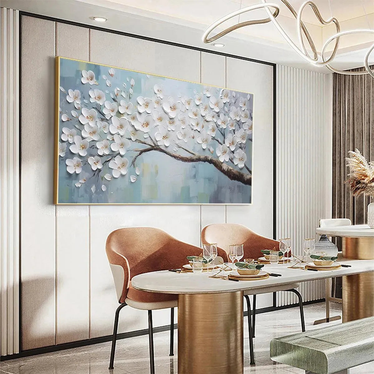 WHITE BLOSSOMS: Textured Floral Painting in White and Blue - Image 9