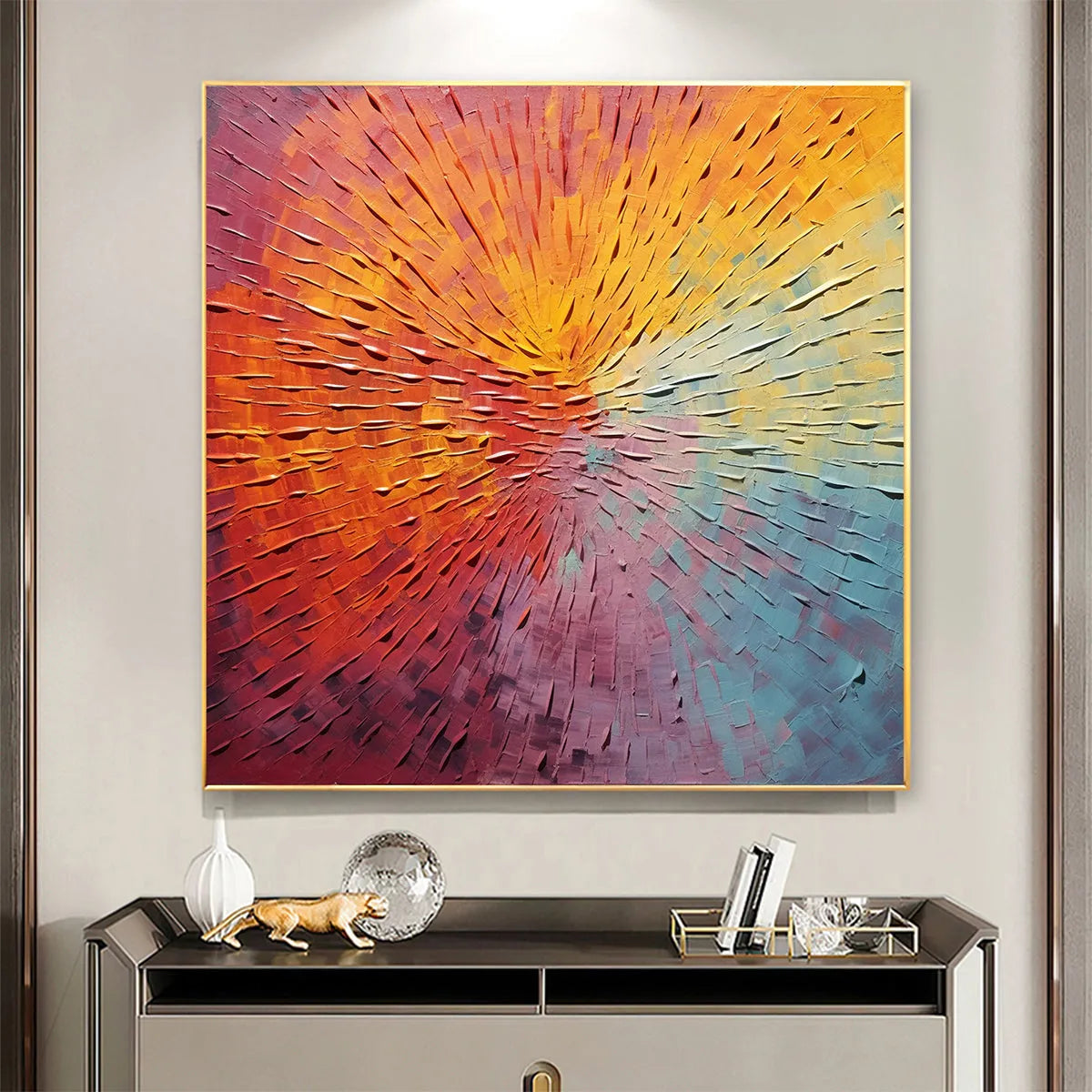 BURST OF COLOR: Square Abstract Impasto Painting, Textured Wall Art, Orange, Pink, Blue - Image 2