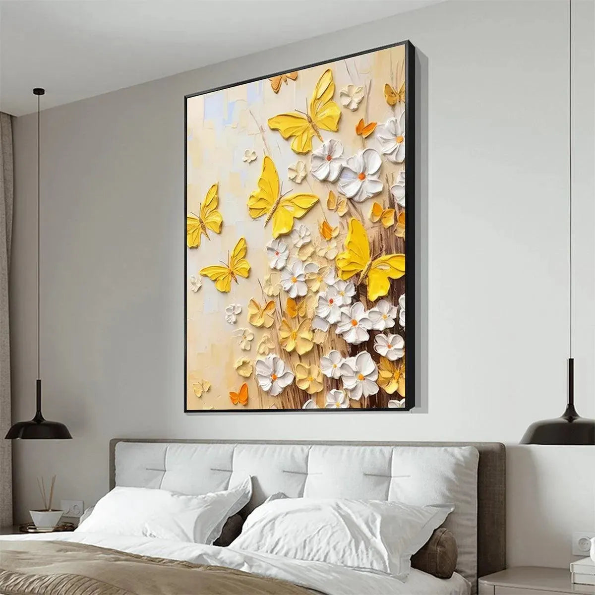 GOLDEN BUTTERFLIES: Textured Butterfly and Floral Painting, Yellow and White Wall Art, Vertical Canvas, Impasto Decor - Image 5