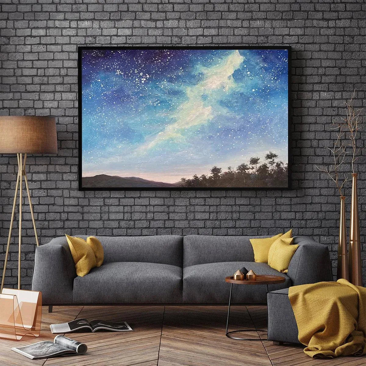 CELESTIAL DREAMSCAPE: Nightscape Painting, Starry Sky Wall Art, Panoramic Landscape, Horizontal Canvas - Image 4