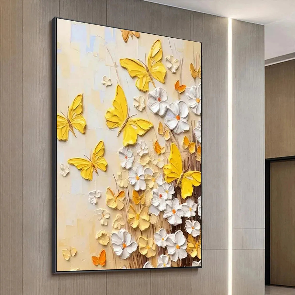 GOLDEN BUTTERFLIES: Textured Butterfly and Floral Painting, Yellow and White Wall Art, Vertical Canvas, Impasto Decor - Image 6