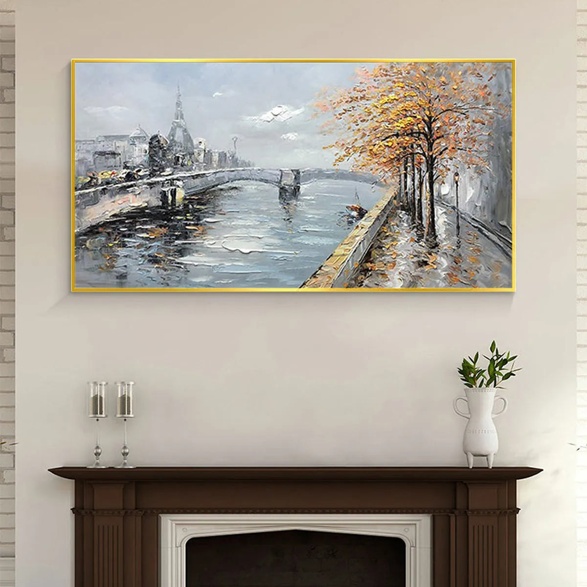 AUTUMNAL RIVER WALK: Panoramic Cityscape Oil Painting with River and Trees - Image 2