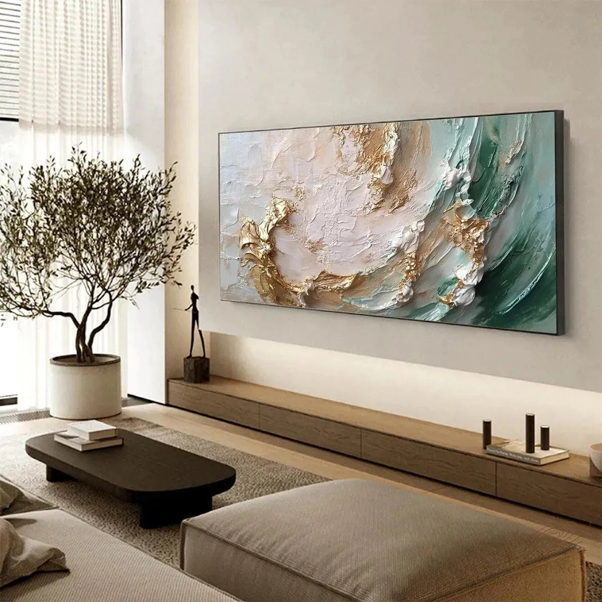 JADE AURORA: Green and Gold Abstract Impasto Oil Painting - Image 4