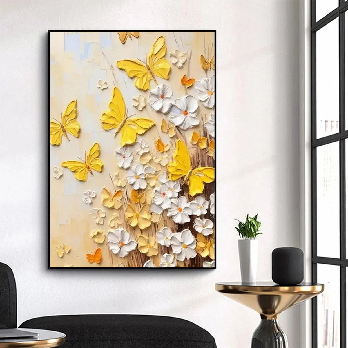 GOLDEN BUTTERFLIES: Textured Butterfly and Floral Painting, Yellow and White Wall Art, Vertical Canvas, Impasto Decor - Image 8
