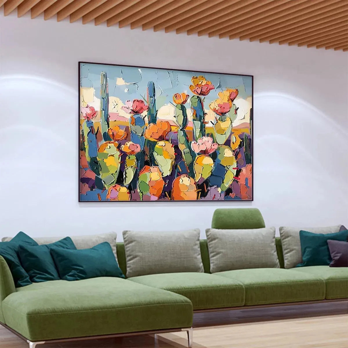 DESERT BLOOM: Textured Cactus Painting, Impasto Wall Art, Horizontal Canvas, Desert Decor - Image 8