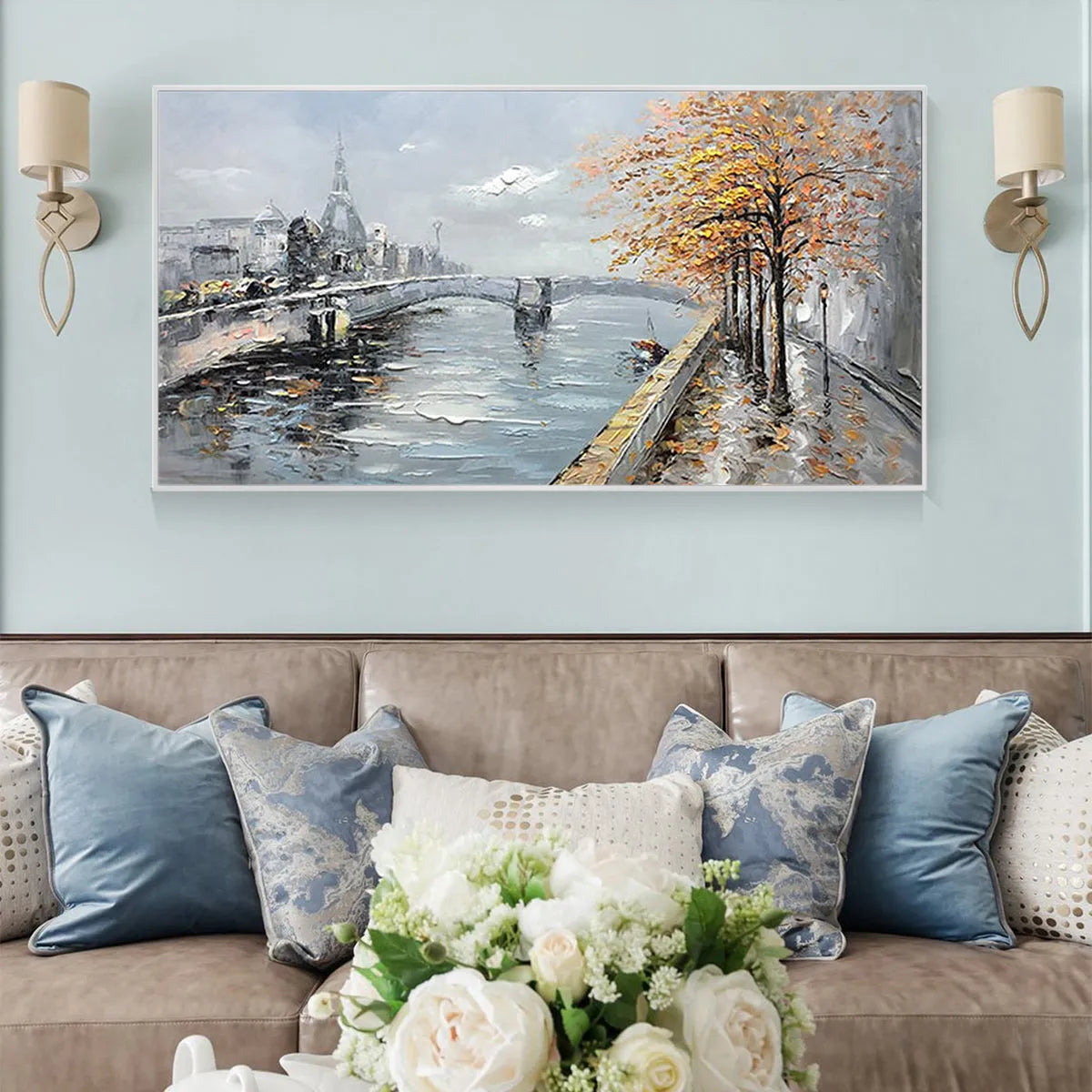AUTUMNAL RIVER WALK: Panoramic Cityscape Oil Painting with River and Trees - Image 4