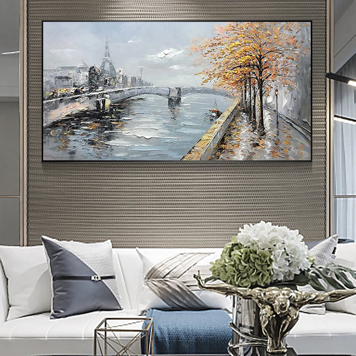 AUTUMNAL RIVER WALK: Panoramic Cityscape Oil Painting with River and Trees - Image 5