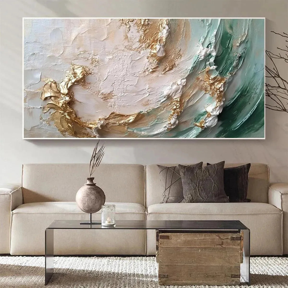 JADE AURORA: Green and Gold Abstract Impasto Oil Painting - Image 2