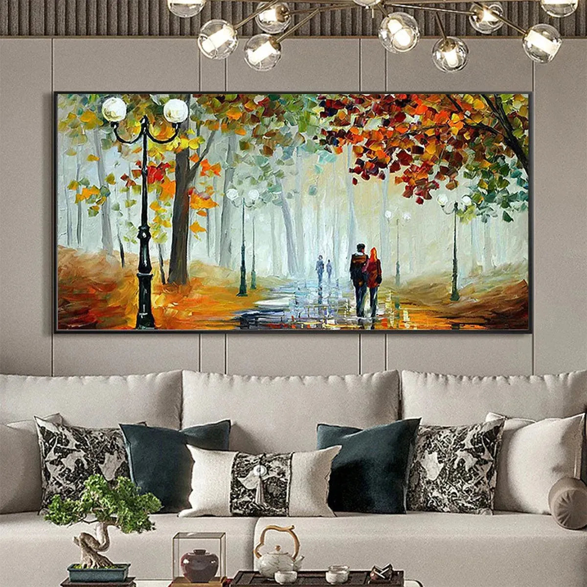 AUTUMN PARK STROLL: Romantic Park Landscape Painting, Horizontal Wall Art - Image 4