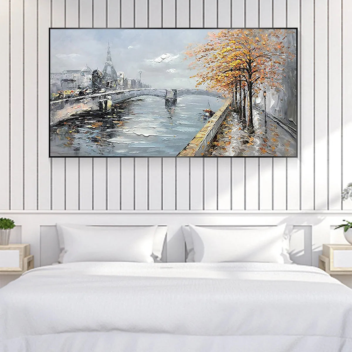 AUTUMNAL RIVER WALK: Panoramic Cityscape Oil Painting with River and Trees - Image 6