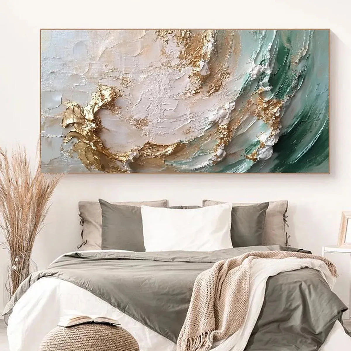 JADE AURORA: Green and Gold Abstract Impasto Oil Painting - Image 7