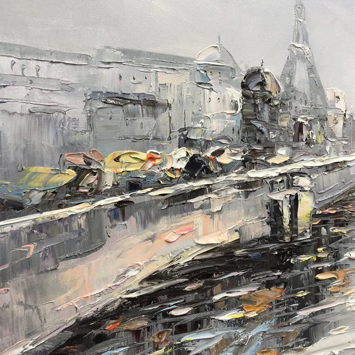 AUTUMNAL RIVER WALK: Panoramic Cityscape Oil Painting with River and Trees - Image 3