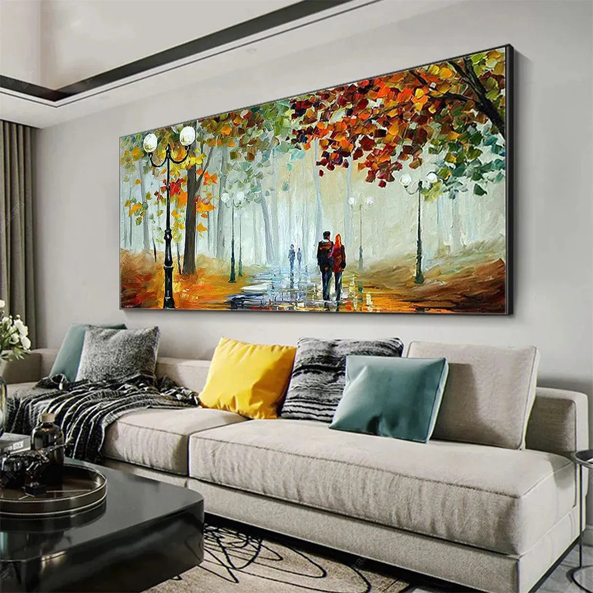 AUTUMN PARK STROLL: Romantic Park Landscape Painting, Horizontal Wall Art - Image 7