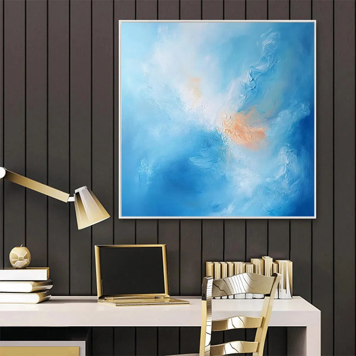 SKYSCAPE SERENITY: Abstract Blue and Peach Oil Painting - Image 5