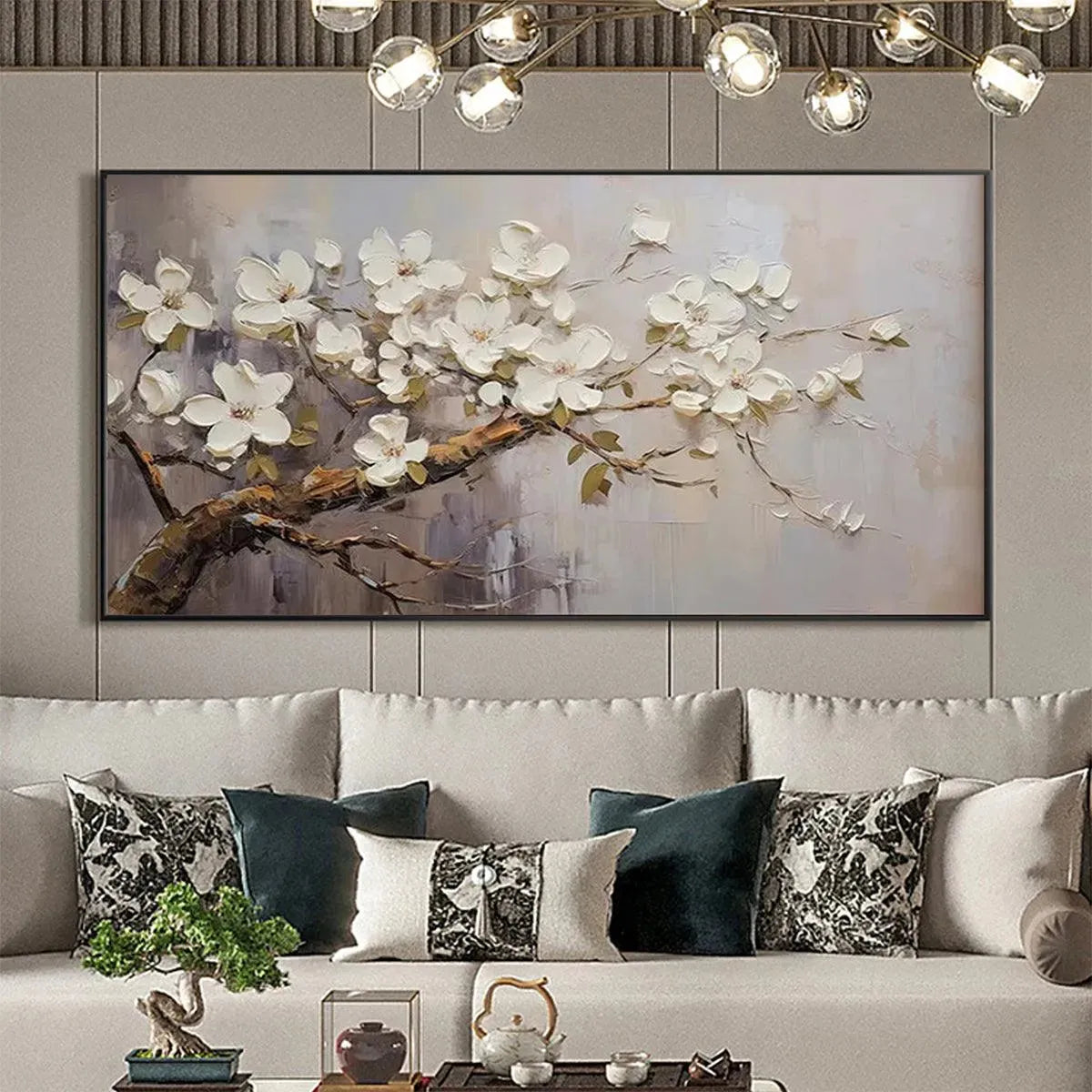 WHITE BLOSSOMS: Textured Floral Painting, White Flower Wall Art, Panoramic Canvas, Impressionist Decor - Image 4