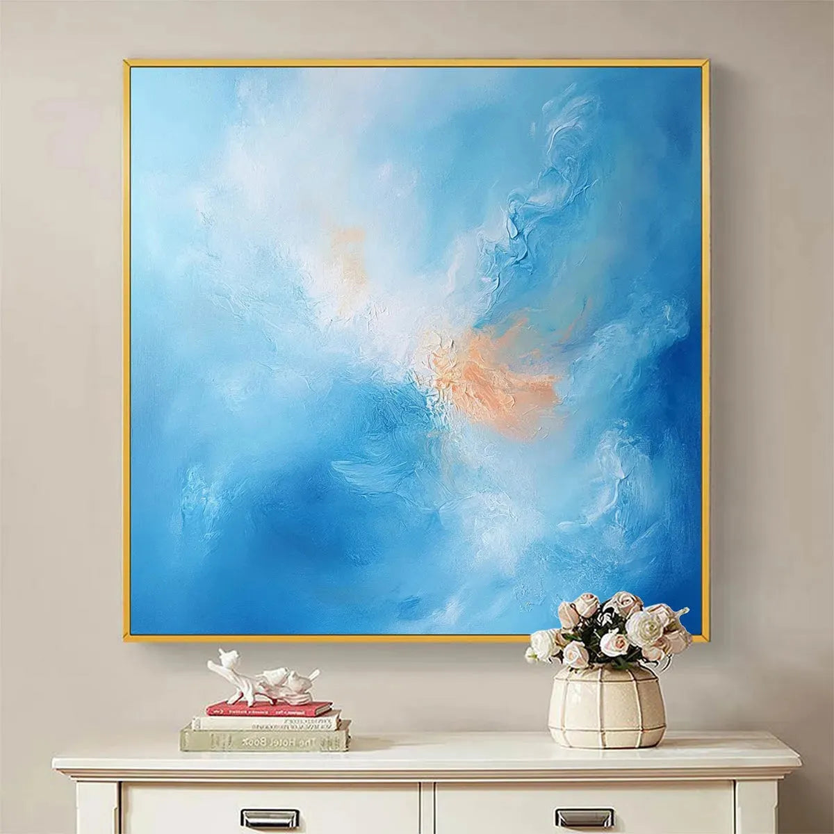 SKYSCAPE SERENITY: Abstract Blue and Peach Oil Painting - Image 2