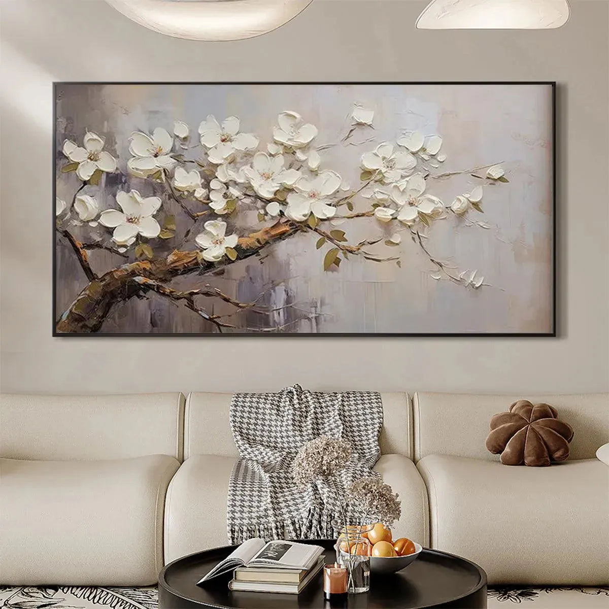 WHITE BLOSSOMS: Textured Floral Painting, White Flower Wall Art, Panoramic Canvas, Impressionist Decor - Image 5