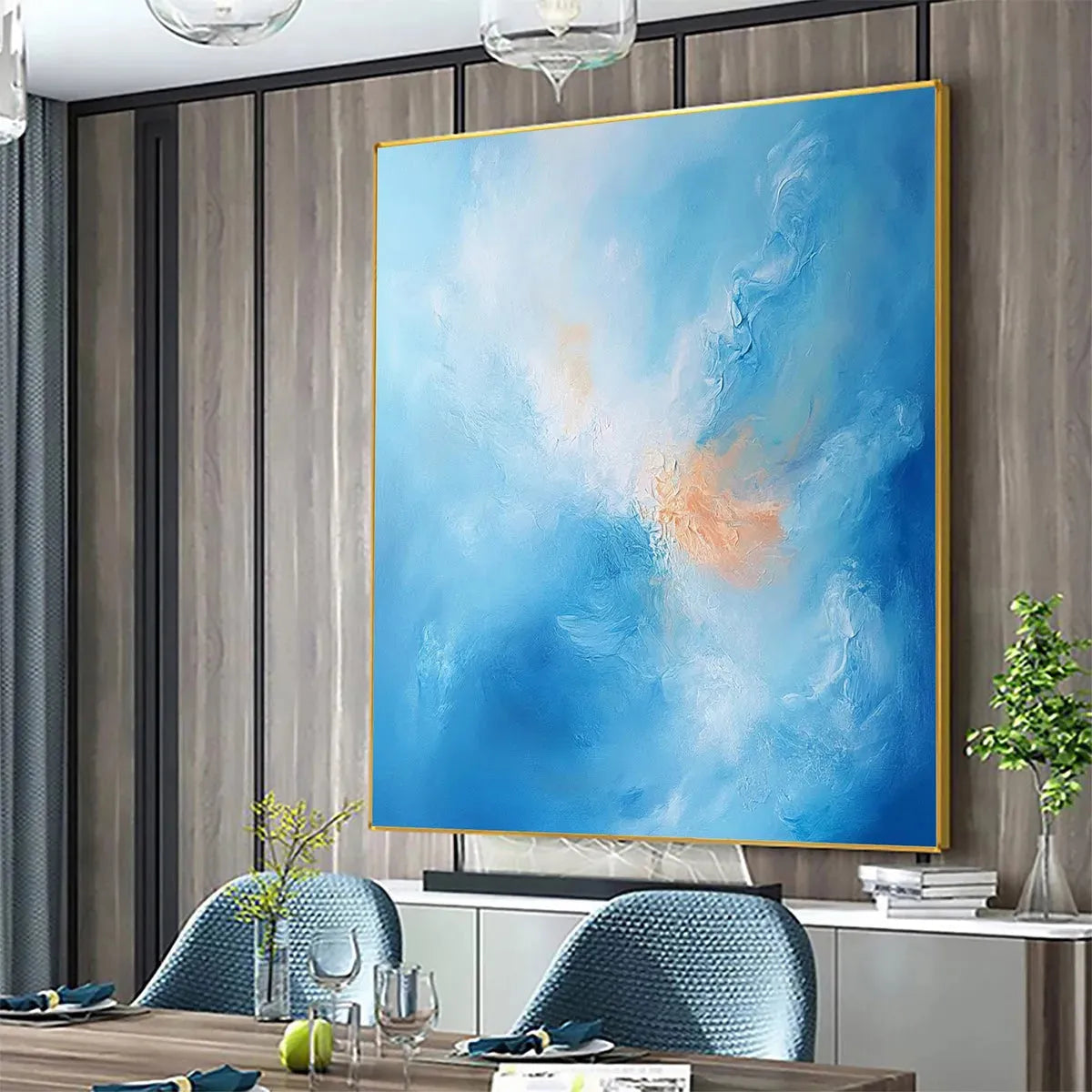 SKYSCAPE SERENITY: Abstract Blue and Peach Oil Painting - Image 7