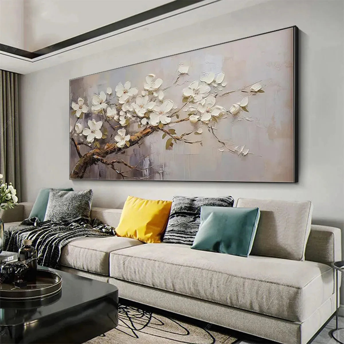 WHITE BLOSSOMS: Textured Floral Painting, White Flower Wall Art, Panoramic Canvas, Impressionist Decor - Image 8