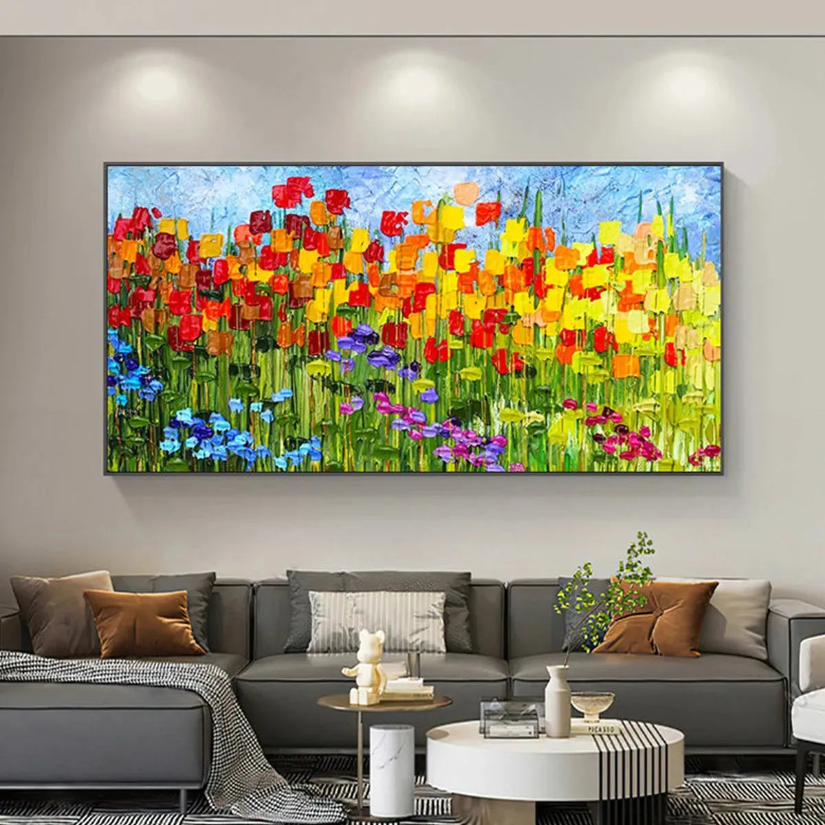 RAINBOW FIELD: Panoramic Impasto Colorful Flower Field Oil Painting - Image 2
