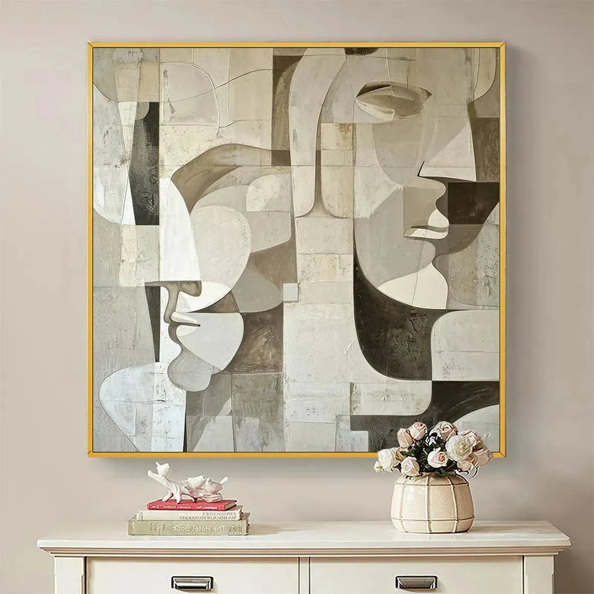 ABSTRACT FACES: Cubist Painting, Neutral Tones Wall Art, Square Canvas Art, Modern Decor - Image 2