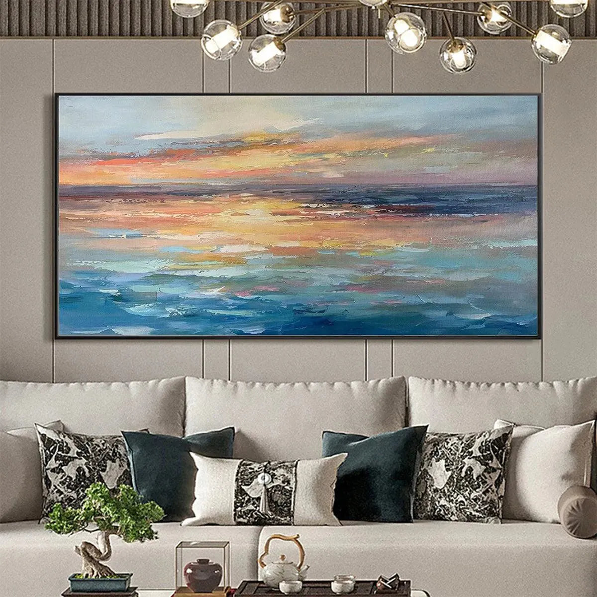 SERENE SUNSET: Panoramic Seascape Painting, Textured Wall Art, Horizontal Canvas, Beach Decor - Image 2