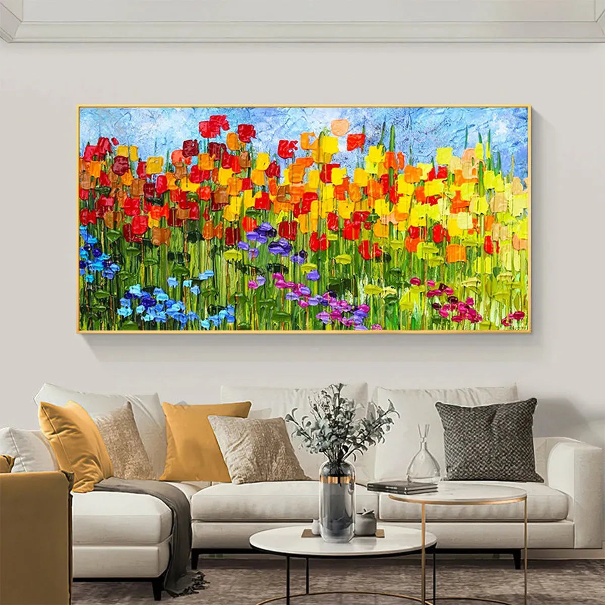 RAINBOW FIELD: Panoramic Impasto Colorful Flower Field Oil Painting - Image 4