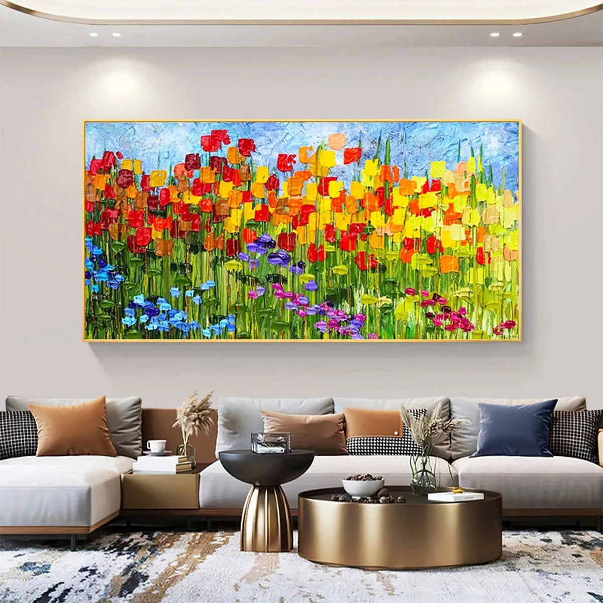 RAINBOW FIELD: Panoramic Impasto Colorful Flower Field Oil Painting - Image 5