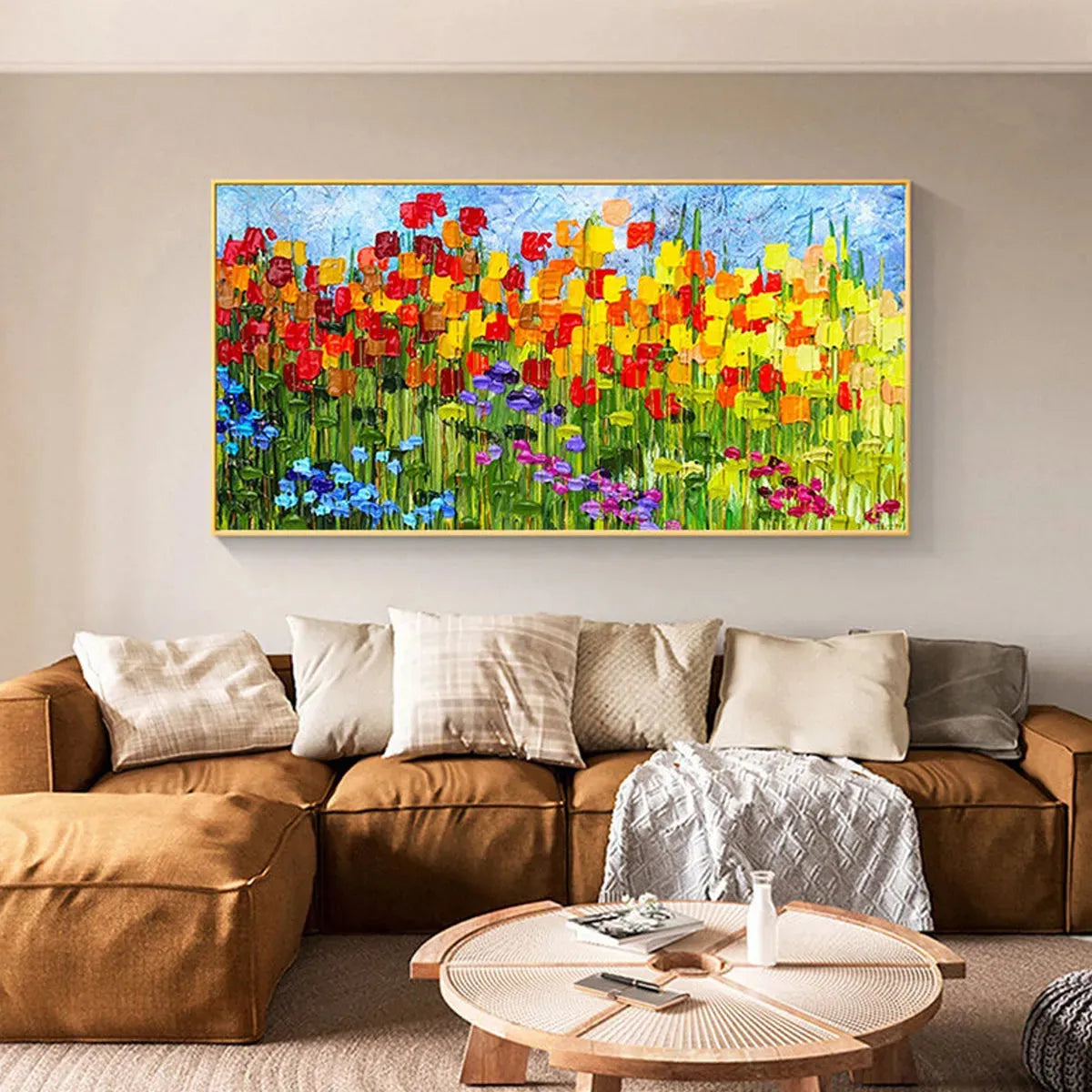 RAINBOW FIELD: Panoramic Impasto Colorful Flower Field Oil Painting - Image 7
