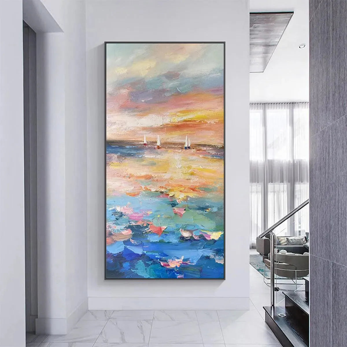 SAILING AT SUNSET: Colorful Seascape Painting, Textured Wall Art, Vertical Canvas, Beach Decor - Image 2