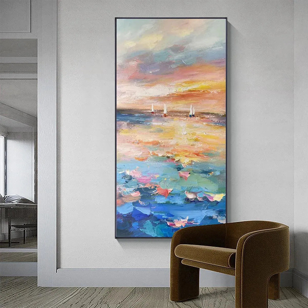 SAILING AT SUNSET: Colorful Seascape Painting, Textured Wall Art, Vertical Canvas, Beach Decor - Image 4