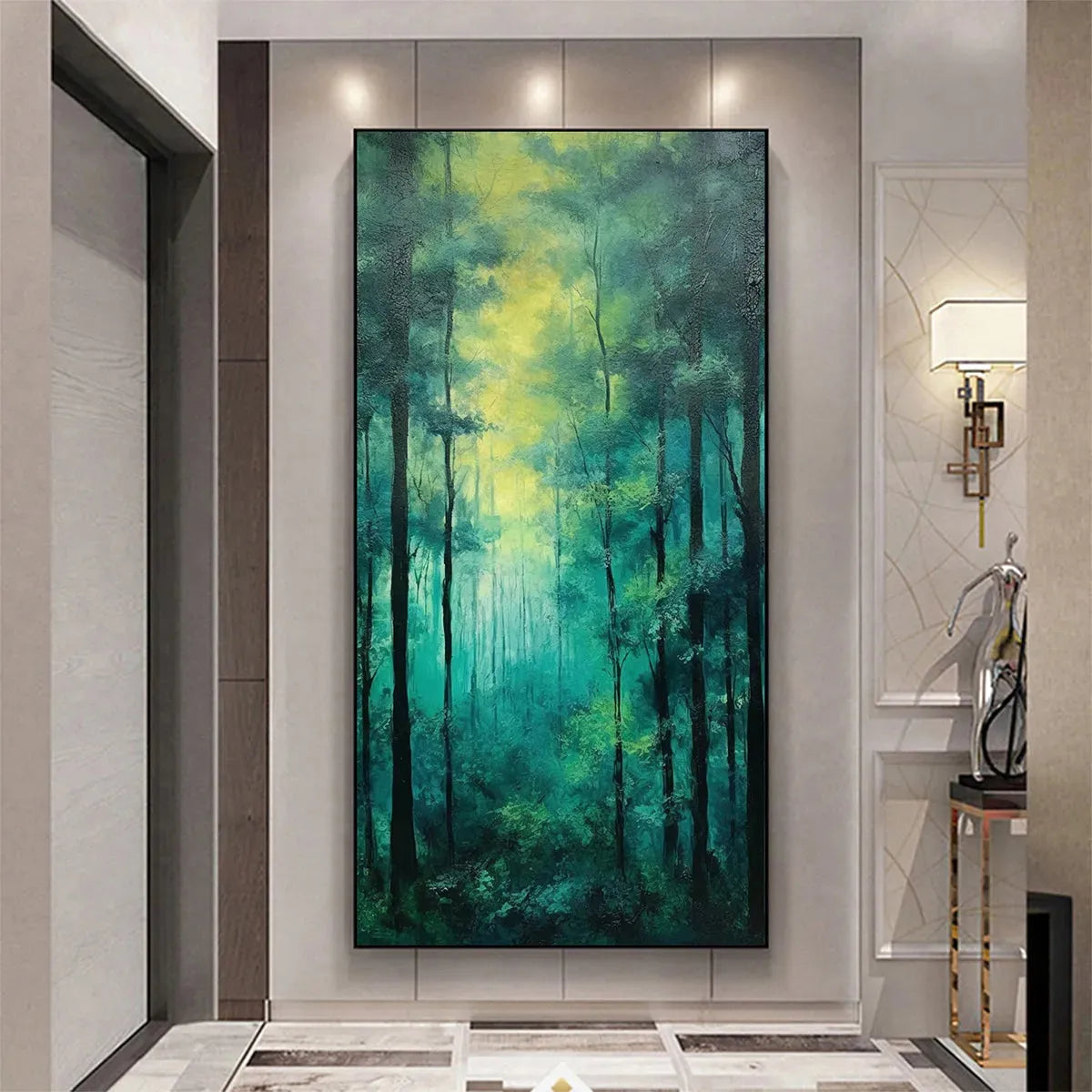 EMERALD FOREST PATH: Vertical Forest Painting, Green Woodland Scene, Nature Wall Art, Living Room - Image 5