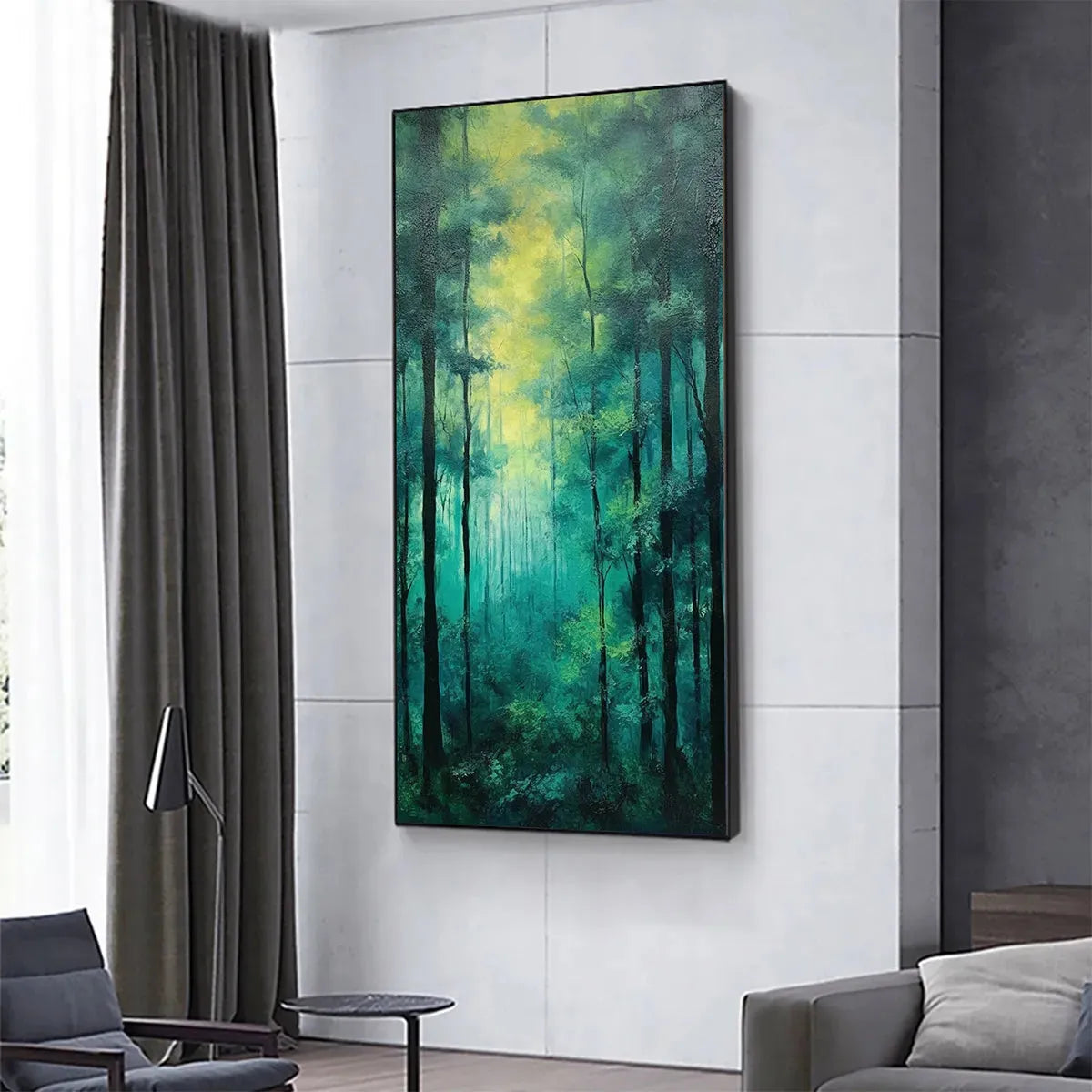 EMERALD FOREST PATH: Vertical Forest Painting, Green Woodland Scene, Nature Wall Art, Living Room - Image 4
