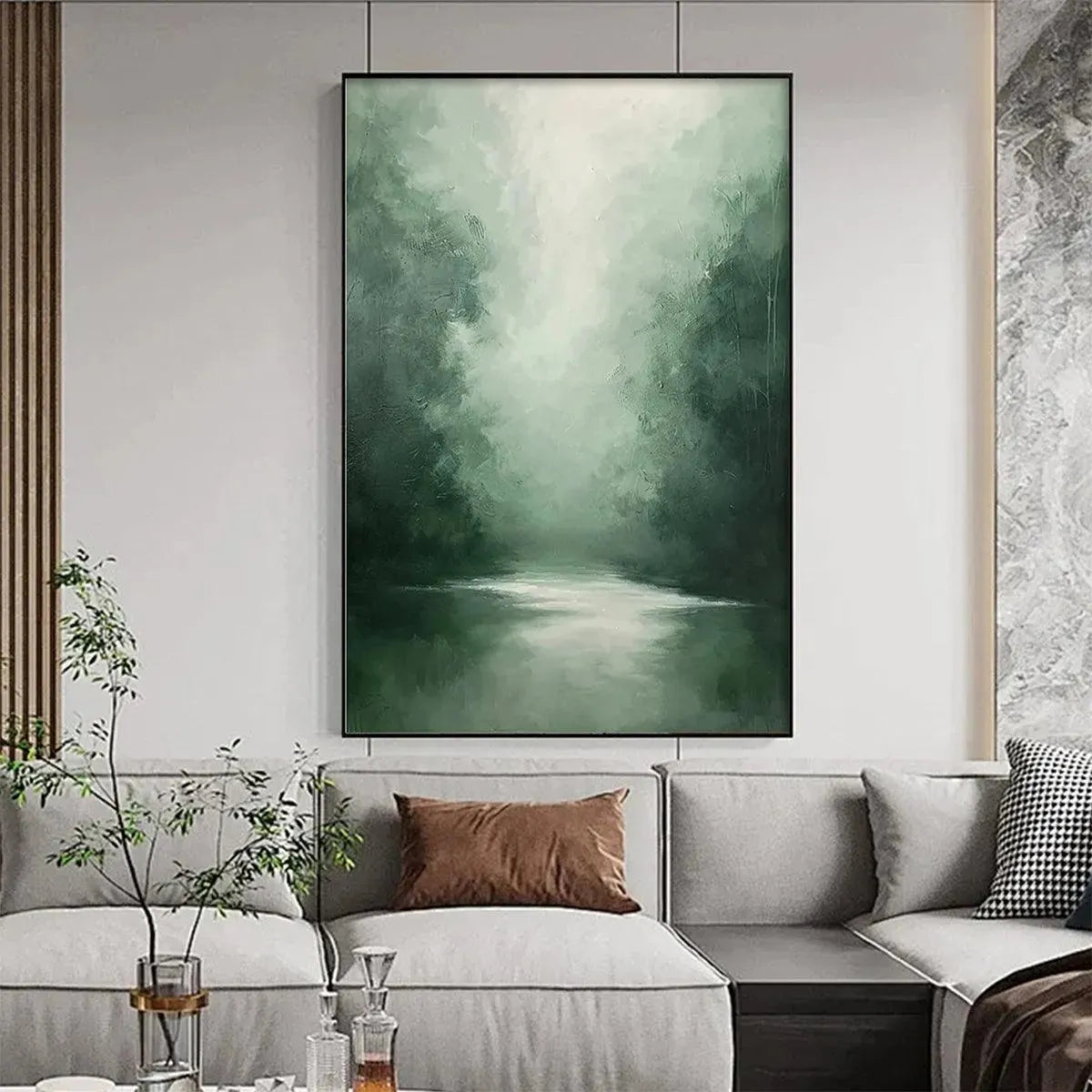 MISTY GREEN FOREST: Atmospheric Forest Landscape Painting, Vertical Wall Art - Image 4