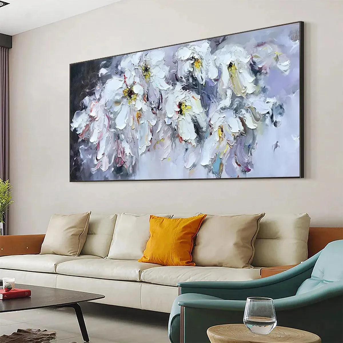WHITE PETAL DREAM: Floral Painting, Impasto, Textured Wall Art, White Flowers, Panoramic - Image 4