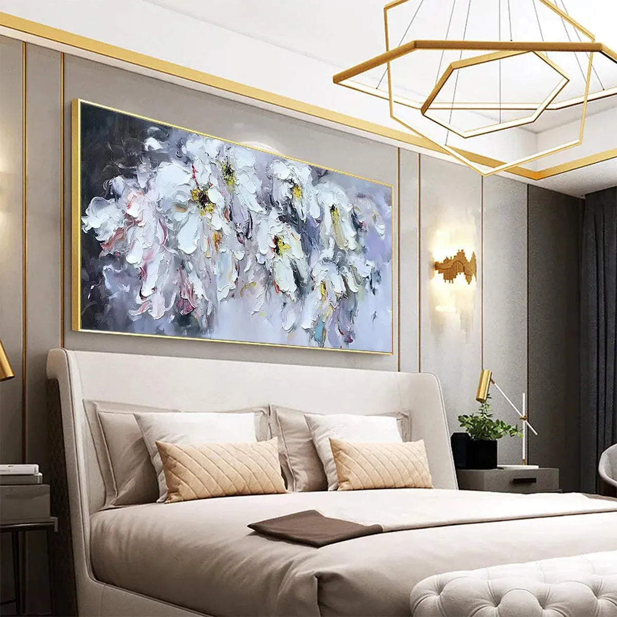 WHITE PETAL DREAM: Floral Painting, Impasto, Textured Wall Art, White Flowers, Panoramic - Image 6
