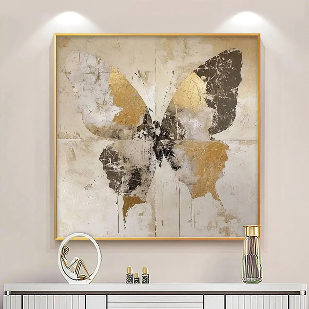 GOLDEN MONARCH: Gold Butterfly Painting, Square Canvas Art, Textured Wall Art, Beige and Gold Decor - Image 2