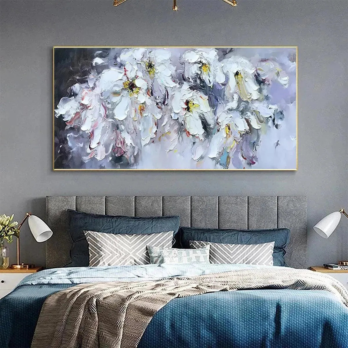 WHITE PETAL DREAM: Floral Painting, Impasto, Textured Wall Art, White Flowers, Panoramic - Image 2