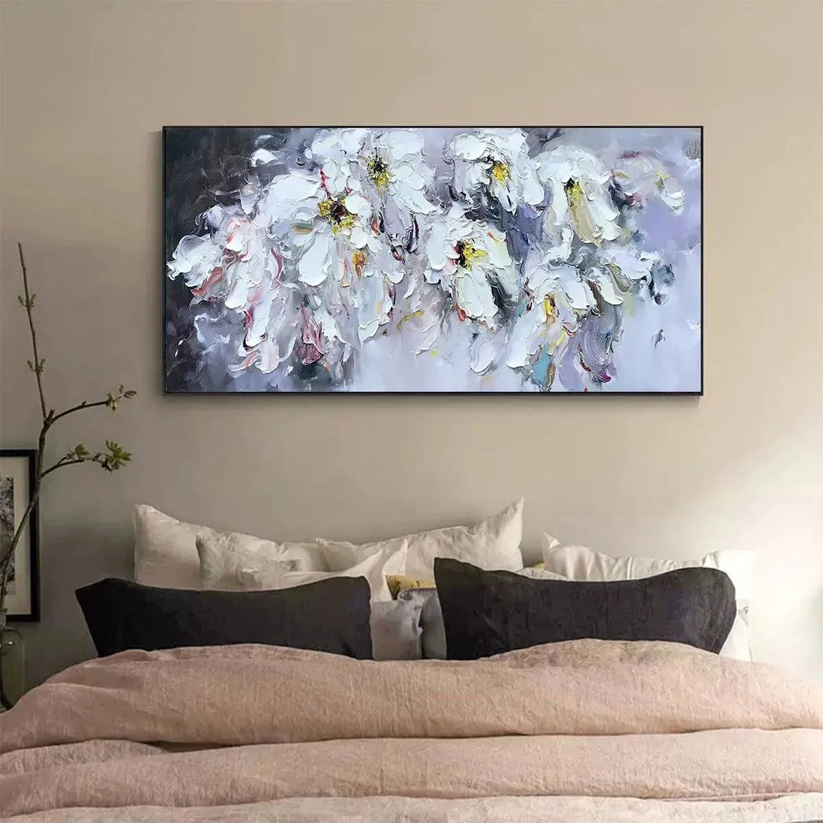 WHITE PETAL DREAM: Floral Painting, Impasto, Textured Wall Art, White Flowers, Panoramic - Image 8