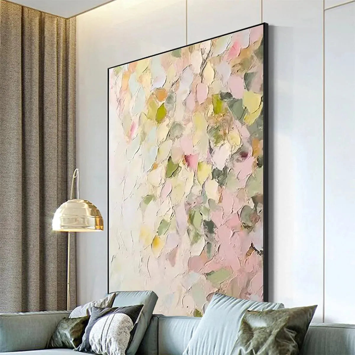 BLUSHING BLOOMS: Textured Abstract Floral Painting, Pastel Pink and Green Wall Art, Vertical Canvas, Impasto Decor - Image 2