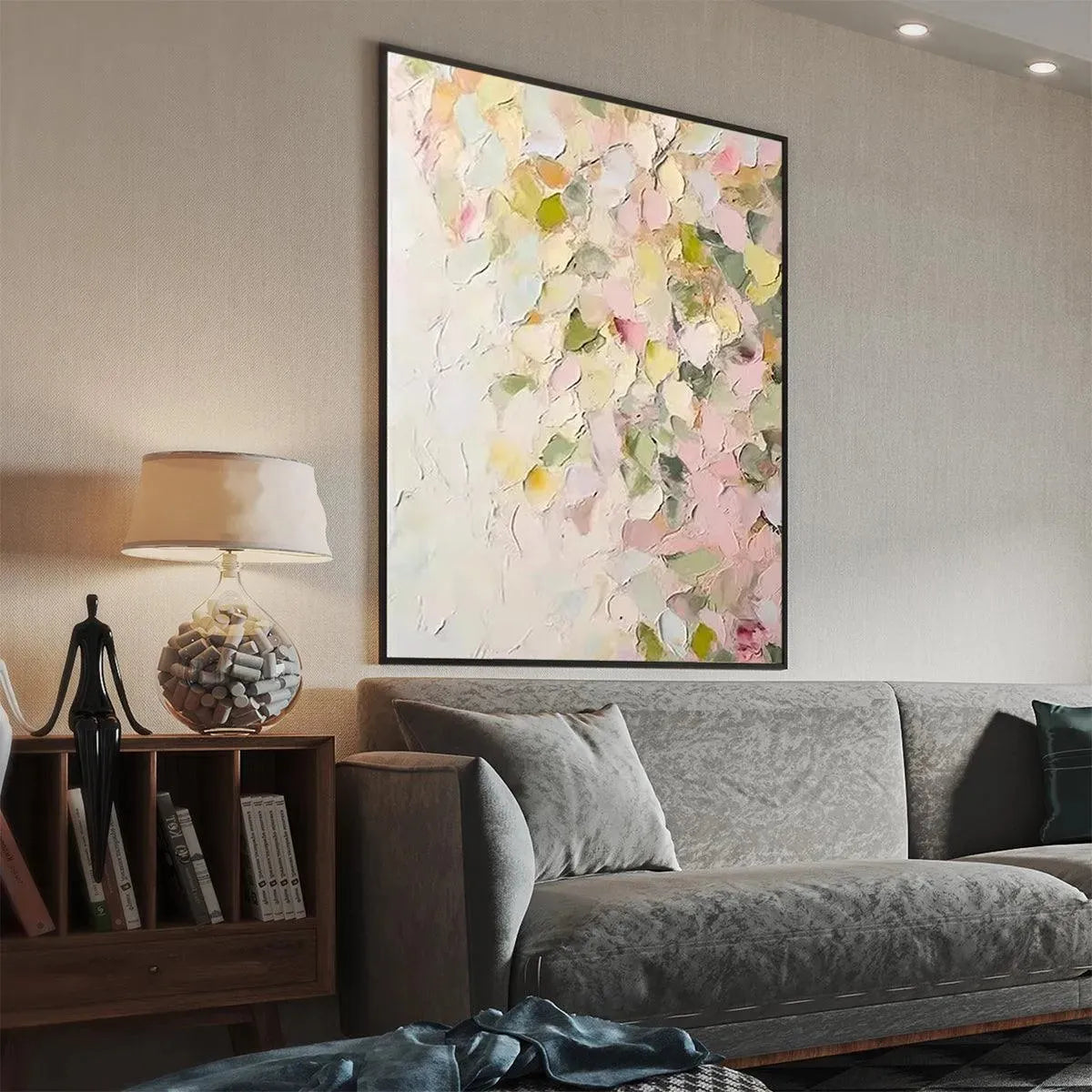 BLUSHING BLOOMS: Textured Abstract Floral Painting, Pastel Pink and Green Wall Art, Vertical Canvas, Impasto Decor - Image 4