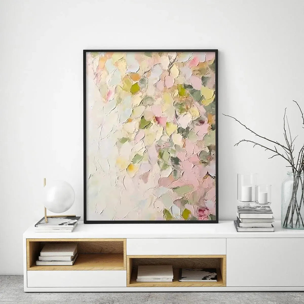 BLUSHING BLOOMS: Textured Abstract Floral Painting, Pastel Pink and Green Wall Art, Vertical Canvas, Impasto Decor - Image 5