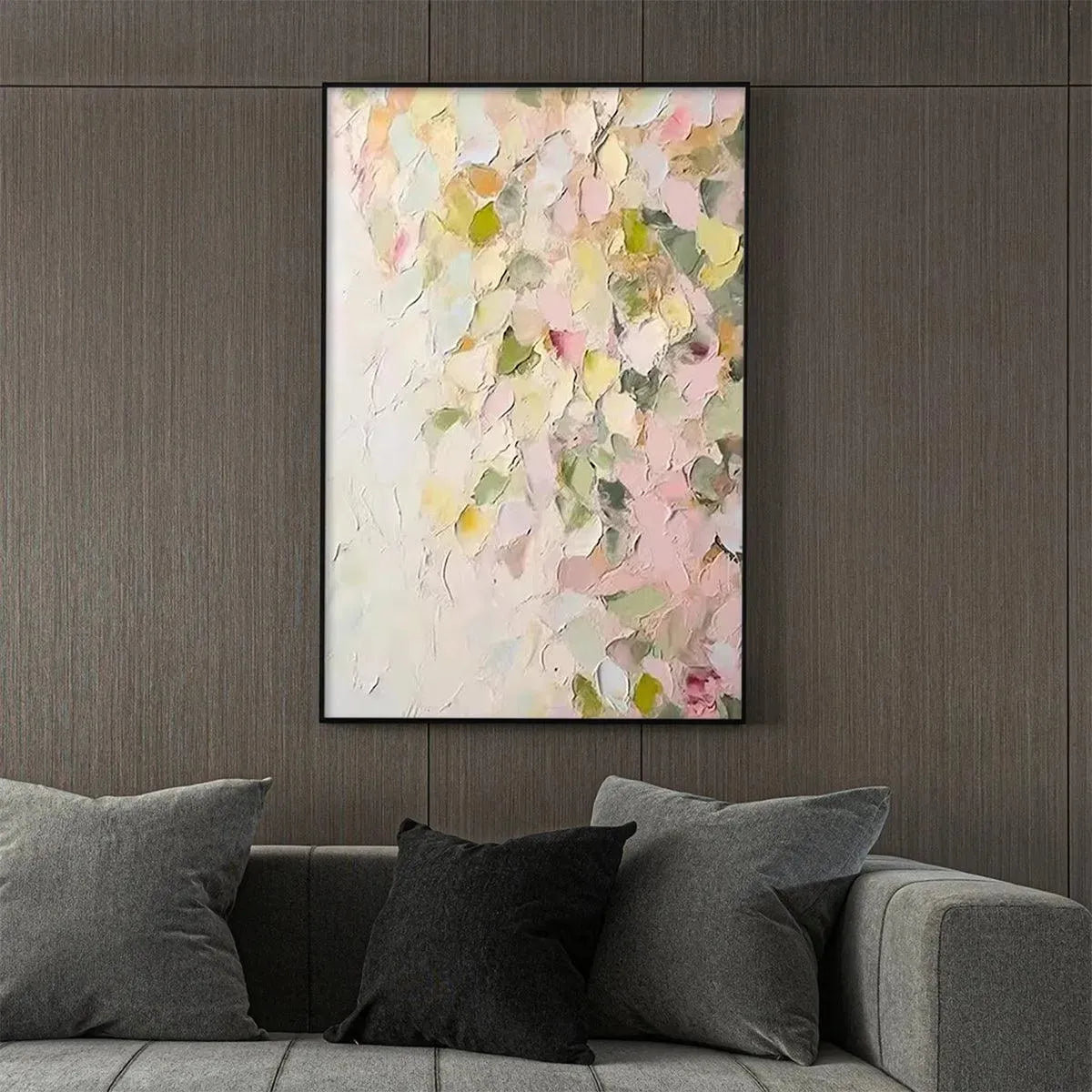BLUSHING BLOOMS: Textured Abstract Floral Painting, Pastel Pink and Green Wall Art, Vertical Canvas, Impasto Decor - Image 7